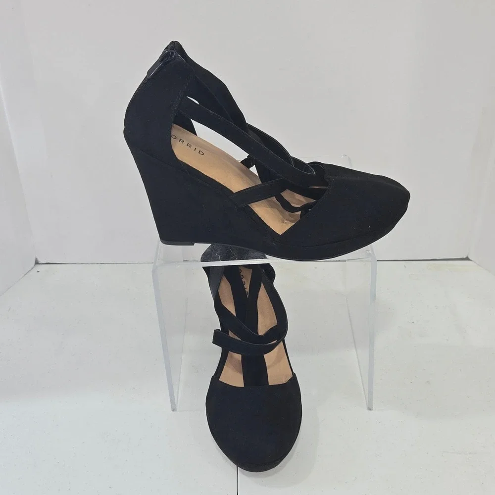 Torrid Black Faux Suede Lace Up Platform Wedge Heels Shoes 10.5 WW 15870447